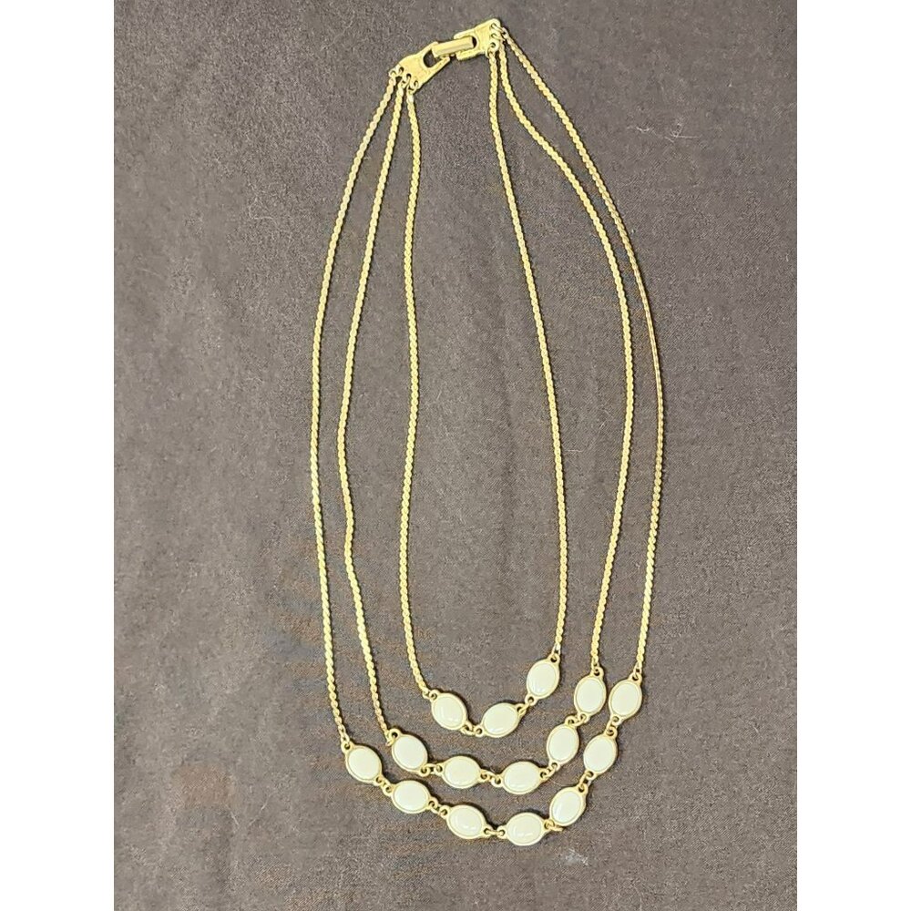 Goldette N.Y. Vintage Triple Strand Gold Necklace With White Enamel Accents